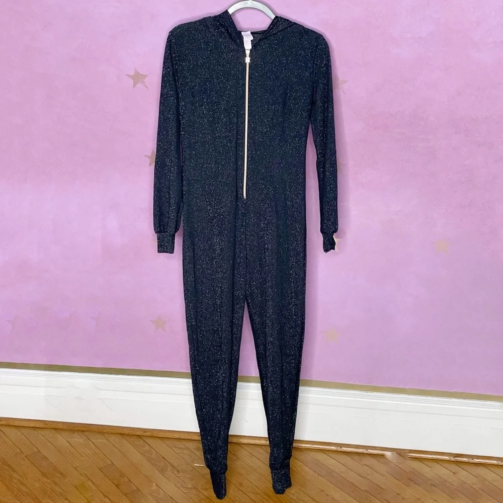 Savage x Fenty Jumpsuit Small Black Glitter Hooded Loungewear Zip Up Stretch - Picture 2 of 14